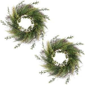 image21in Artificial Fern Front Door Wreath  UV Resistant Greenery with Blossoms on Grapevine Base  IndoorOutdoor Wreaths for Front Door by Pure Garden21 Set of 2