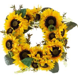 imageSunflower Wreath  22Inch Artificial Spring Summer or Fall Wreath for Home Decor  Wreaths for Indoors or Covered Patio Use Only by Pure GardenYellow  Single