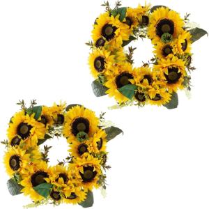 imageSunflower Wreath  22Inch Artificial Spring Summer or Fall Wreath for Home Decor  Wreaths for Indoors or Covered Patio Use Only by Pure GardenYellow  Set of 2