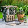 imagePure Garden Folding Garden Stool with Tool Bag Plus 5 Garden ToolsTan Green and Silver