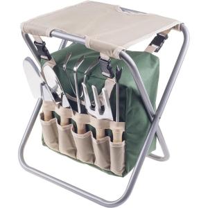 imagePure Garden Folding Garden Stool with Tool Bag Plus 5 Garden ToolsTan Green and Silver