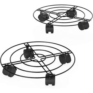 imagePure Garden 50LG1219 Black Metal Plant CaddySet of 2 Round Pot Stand on Wheels12 Rolling Tray Locking Casters Rustproof for OutdoorIndoor Use
