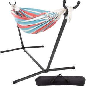 imageDouble Brazilian Hammock with Stand Included  Woven Cotton 2Person Outdoor Swing with Frame for Camping Backyard or Patio by Pure GardenBlue  Red  Tan