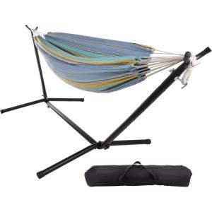 imageDouble Brazilian Hammock with Stand Included  Woven Cotton 2Person Outdoor Swing with Frame for Camping Backyard or Patio by Pure GardenBlue  White  Yellow