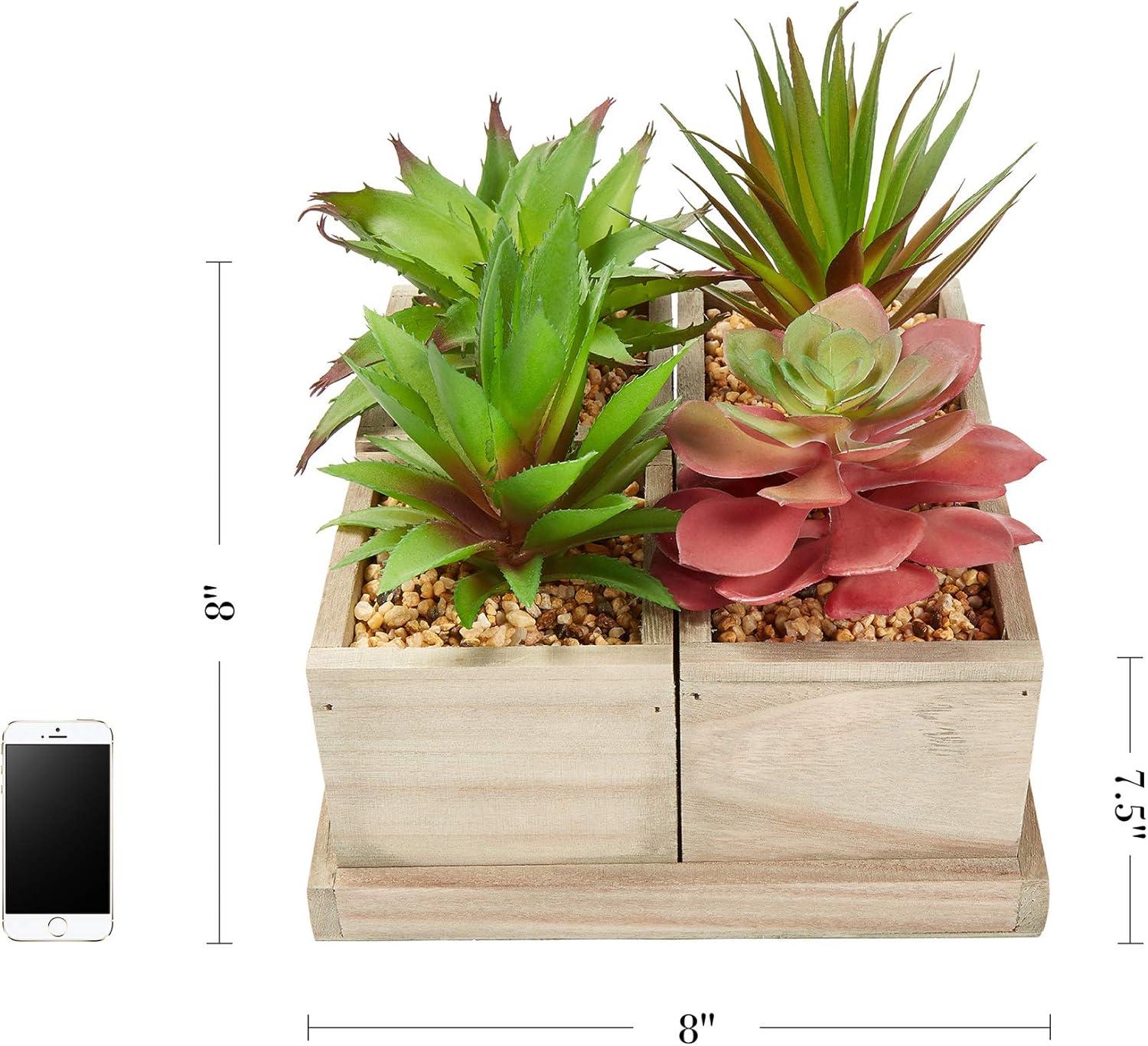 imageHome Pure Garden Faux Succulents  Assorted Lifelike Plastic Greenery Arrangement with Decorative Wooden Boxes for Indoor or Office 4 in 1 Set