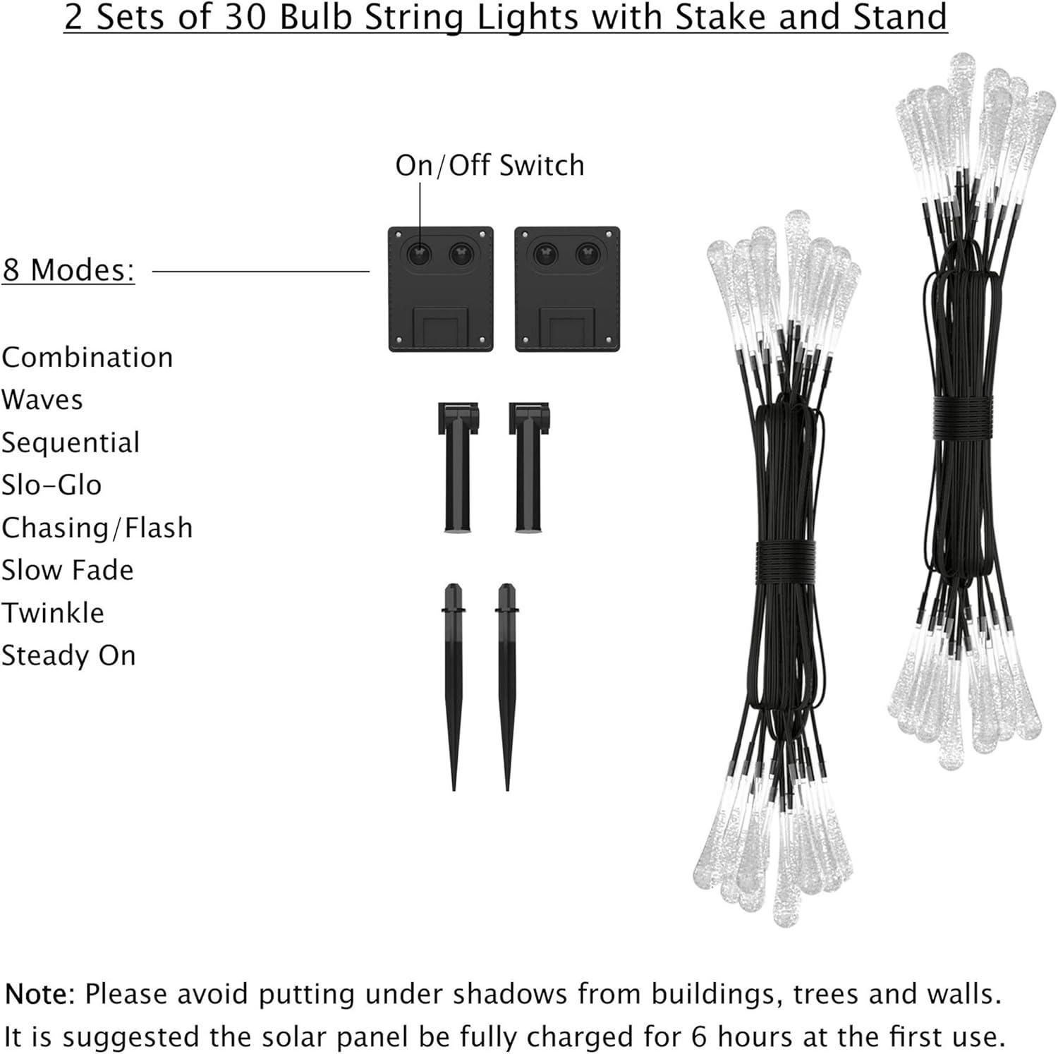 imagePure Garden 50LG1016 String Set of 2 30 Bulb Solar Power Outdoor LED Decor Tear Drop Lighting with 8 Modes and Rechargeable Battery MultiColorMulticolor