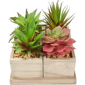 imageHome Pure Garden Faux Succulents  Assorted Lifelike Plastic Greenery Arrangement with Decorative Wooden Boxes for Indoor or Office 4 in 1 Set