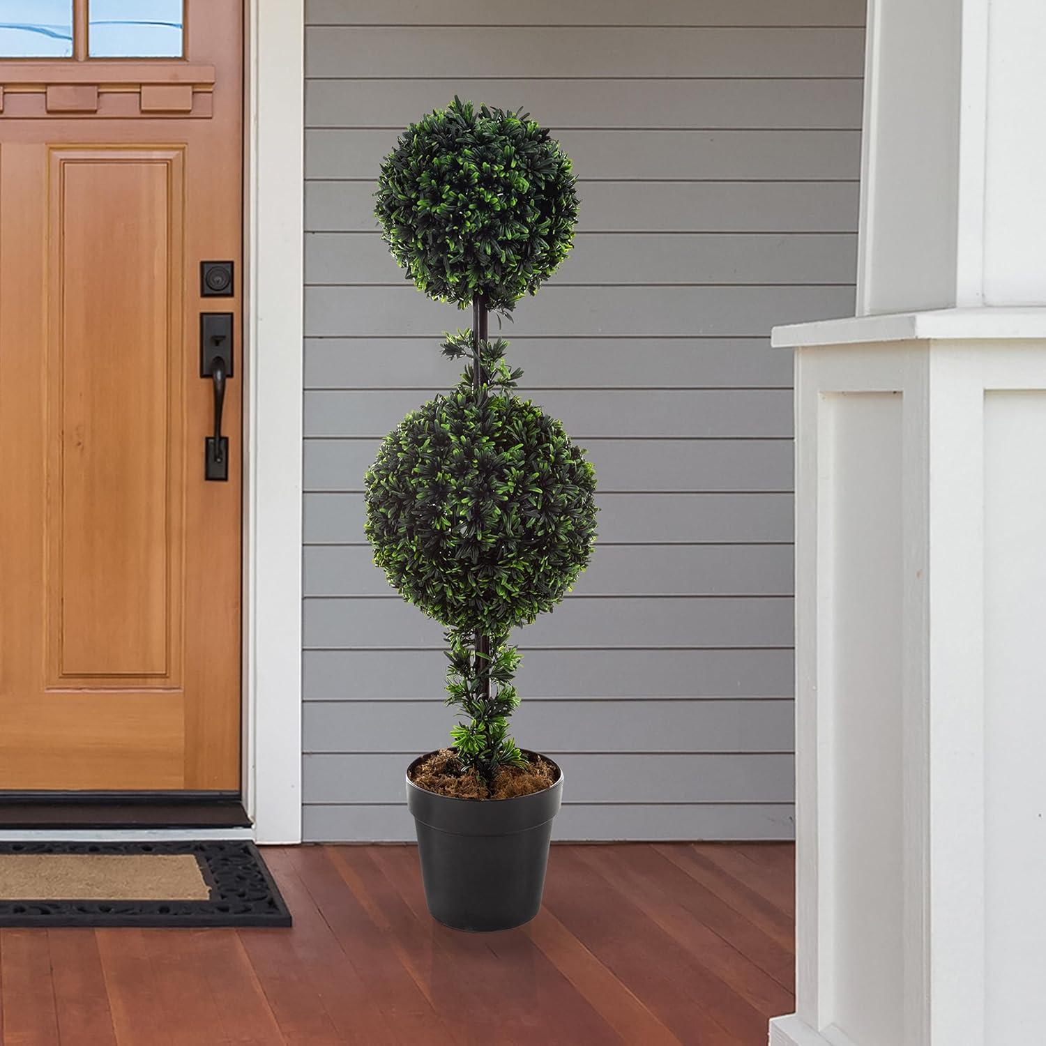 imageArtificial Topiary Tree  36Inch Double Ball Podocarpus Fake Plant  Realistic Indoor or Outdoor Potted Faux Plants for Home Decor by Pure Garden3ft