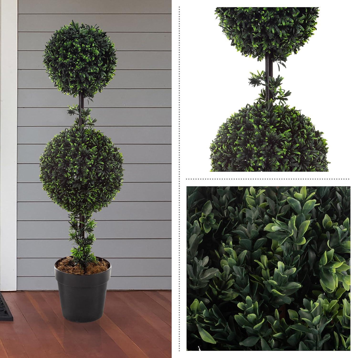 imageArtificial Topiary Tree  36Inch Double Ball Podocarpus Fake Plant  Realistic Indoor or Outdoor Potted Faux Plants for Home Decor by Pure Garden3ft