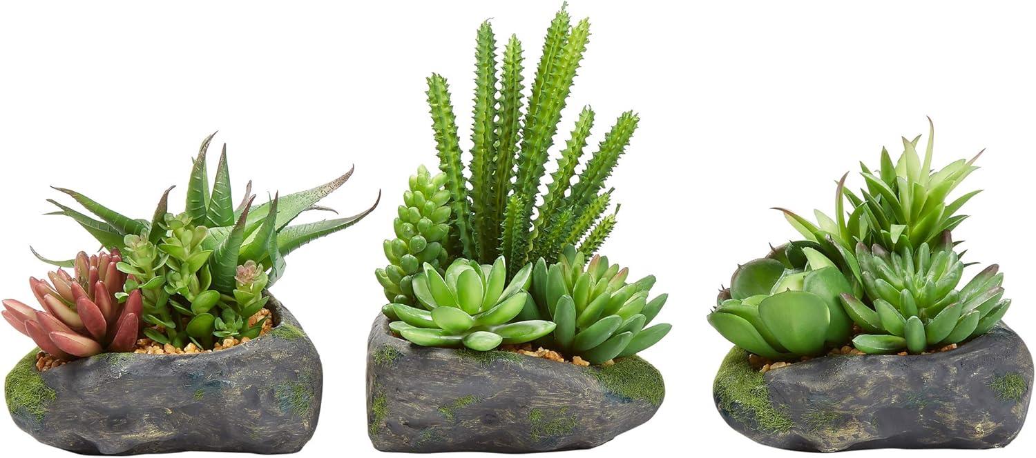 imagePure Garden Artificial Succulent Plants  3Piece Arrangement Set in Faux Stone Pots and Assorted Sizes  Lifelike Greenery for Home DecorationGray  Green
