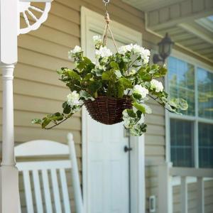 imageFaux Flowers White Geranium Hanging Natural and Lifelike Floral Arrangement with Basket for Home or Office by Pure GardenWhite