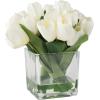imageTulip Floral Arrangement in Vase 24 Cream Artificial Flowers with Leaves in Decorative Clear Glass Square Bowl ampamp Faux Water for Dcor by Pure Garden