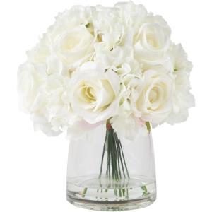 imageFloral Arrangement with Vase  Realistic Accent with 10 Hydrangeas and 11 Roses in Clear Glass Container with Faux Water by Pure Garden Cream