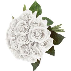 imagePure Garden Rose Artificial Flowers  18Pc Real Touch 115Inch Fake Flower Set with Stems for Home Decor Wedding or BridalBaby Showers CoralWhite