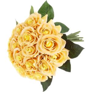imagePure Garden Rose Artificial Flowers  18Pc Real Touch 115Inch Fake Flower Set with Stems for Home Decor Wedding or BridalBaby Showers CoralYellow