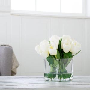 imageTulip Floral Arrangement in Vase 24 Cream Artificial Flowers with Leaves in Decorative Clear Glass Square Bowl ampamp Faux Water for Dcor by Pure Garden