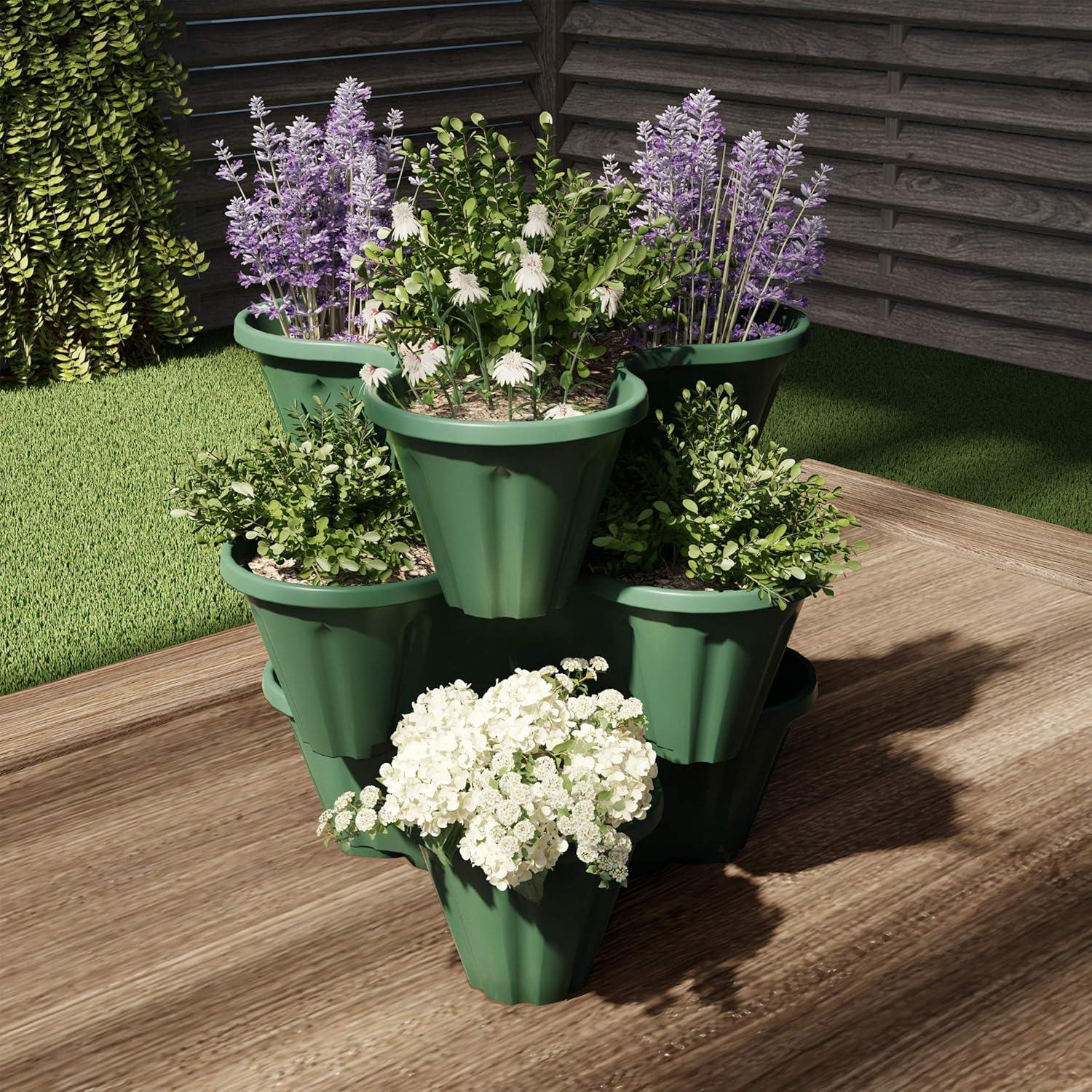 imagePURE GARDEN Set of 3 Stacking Planter Tower  3Tier Space Saving Flower Pots  IndoorOutdoor Vertical Herb and Vegetable Planter Sand StoneHunter Green