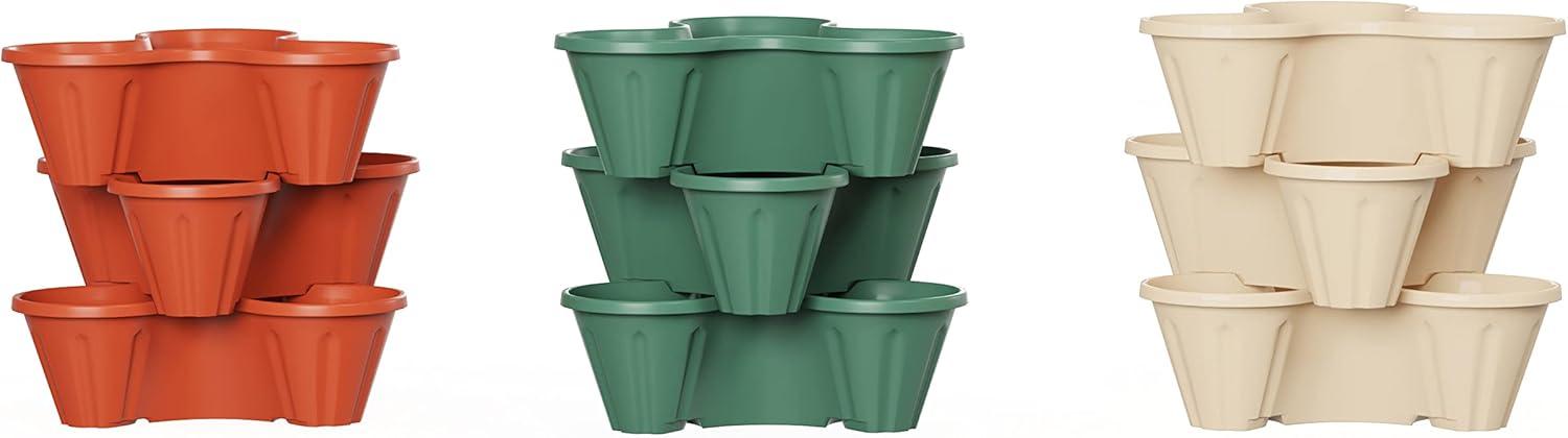 imagePURE GARDEN Set of 3 Stacking Planter Tower  3Tier Space Saving Flower Pots  IndoorOutdoor Vertical Herb and Vegetable Planter Sand StoneHunter Green