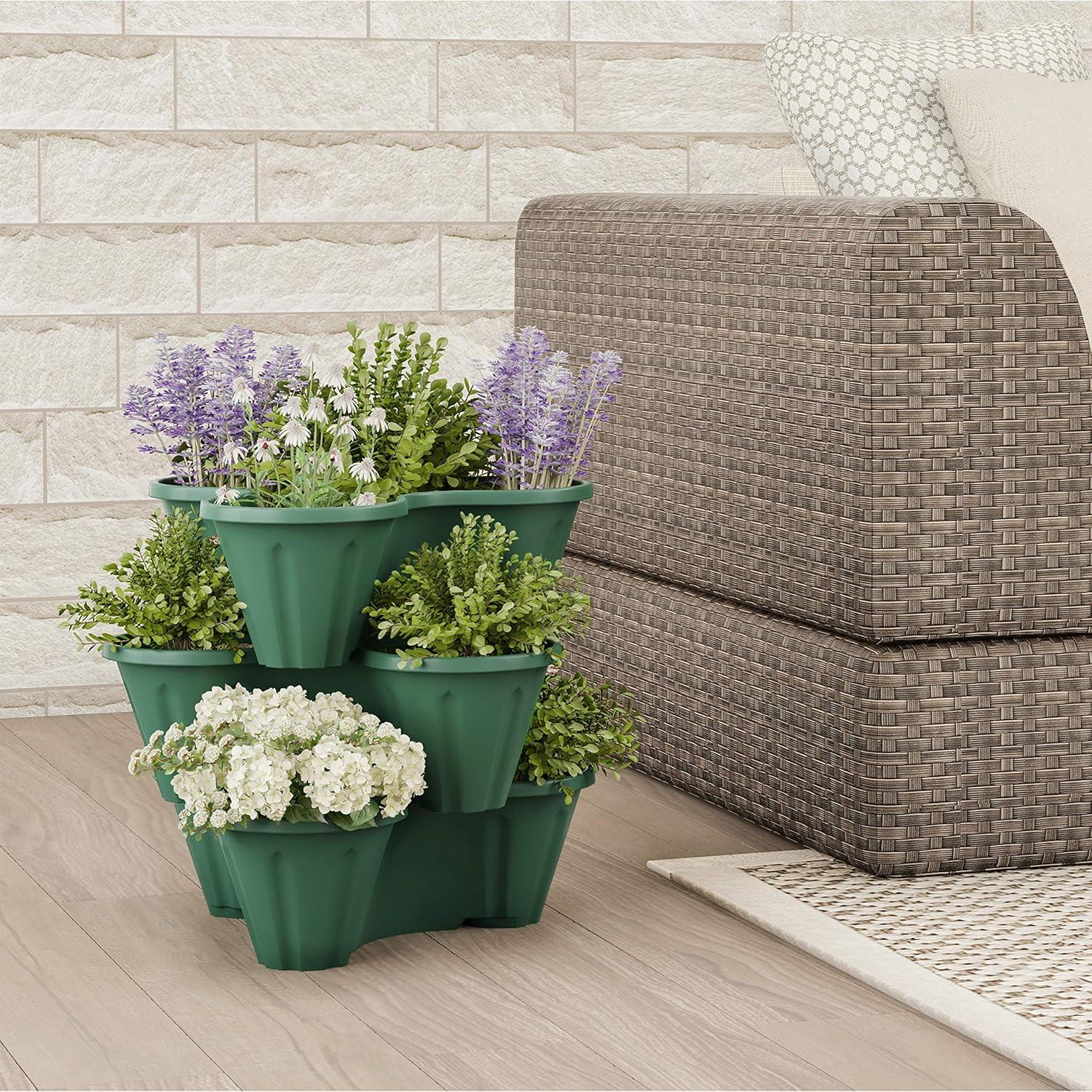 imagePURE GARDEN Set of 3 Stacking Planter Tower  3Tier Space Saving Flower Pots  IndoorOutdoor Vertical Herb and Vegetable Planter Sand StoneHunter Green