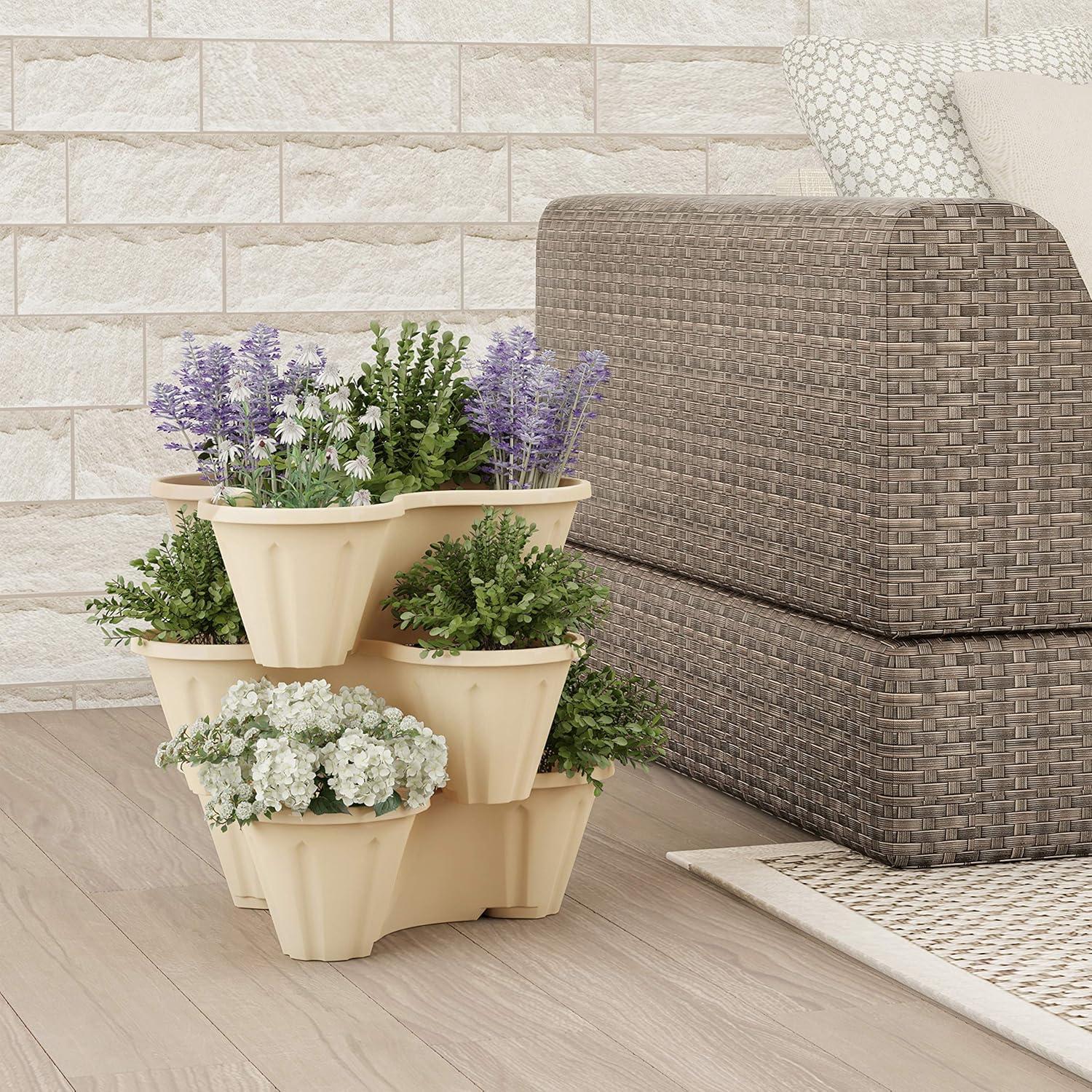 imagePURE GARDEN Set of 3 Stacking Planter Tower  3Tier Space Saving Flower Pots  IndoorOutdoor Vertical Herb and Vegetable Planter Sand StoneSand Stone