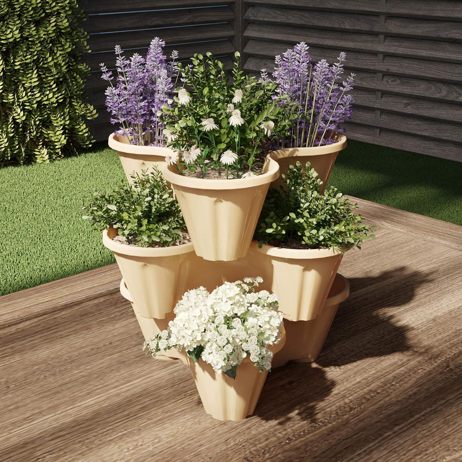 imagePURE GARDEN Set of 3 Stacking Planter Tower  3Tier Space Saving Flower Pots  IndoorOutdoor Vertical Herb and Vegetable Planter Sand StoneSand Stone