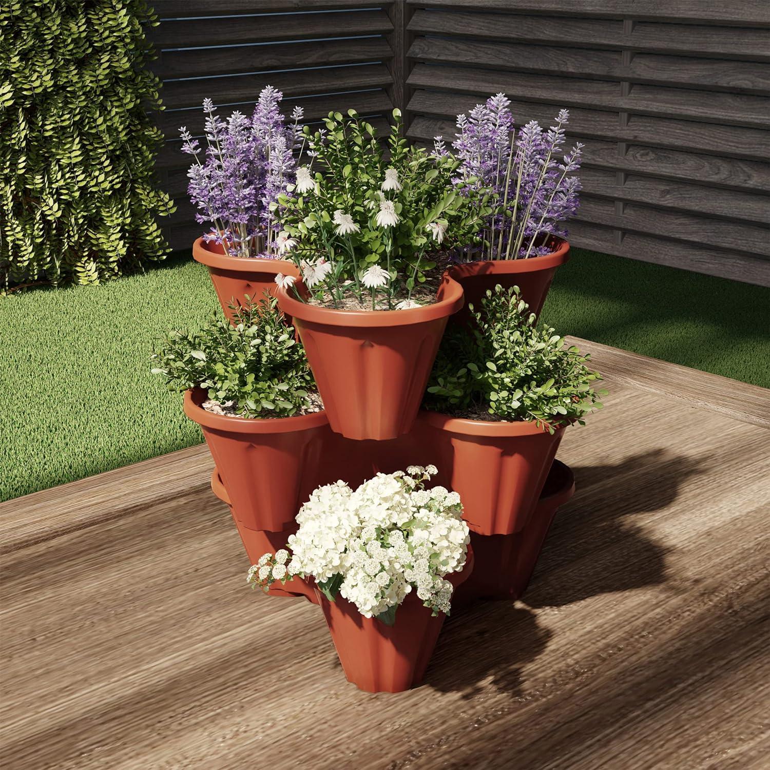 imagePURE GARDEN Set of 3 Stacking Planter Tower  3Tier Space Saving Flower Pots  IndoorOutdoor Vertical Herb and Vegetable Planter Sand StoneTerracotta