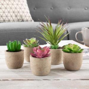 imageFaux Succulents  Assorted Lifelike Plastic Greenery Arrangements Decorative Ceramic Pots for Indoor Home or Office Dcor by Pure Garden Set of 4Brown Bowls
