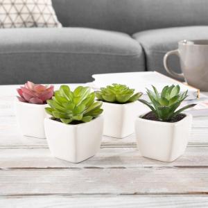 imageFaux Succulents  Assorted Lifelike Plastic Greenery Arrangements Decorative Ceramic Pots for Indoor Home or Office Dcor by Pure Garden Set of 4White Bowls