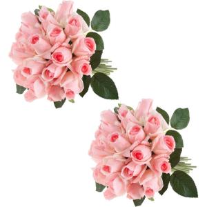 imageRose Artificial Flowers  24Pc Real Touch 115Inch Fake Flower Set with Stems for Home Decor Wedding or BridalBaby Showers by Pure Garden YellowPink