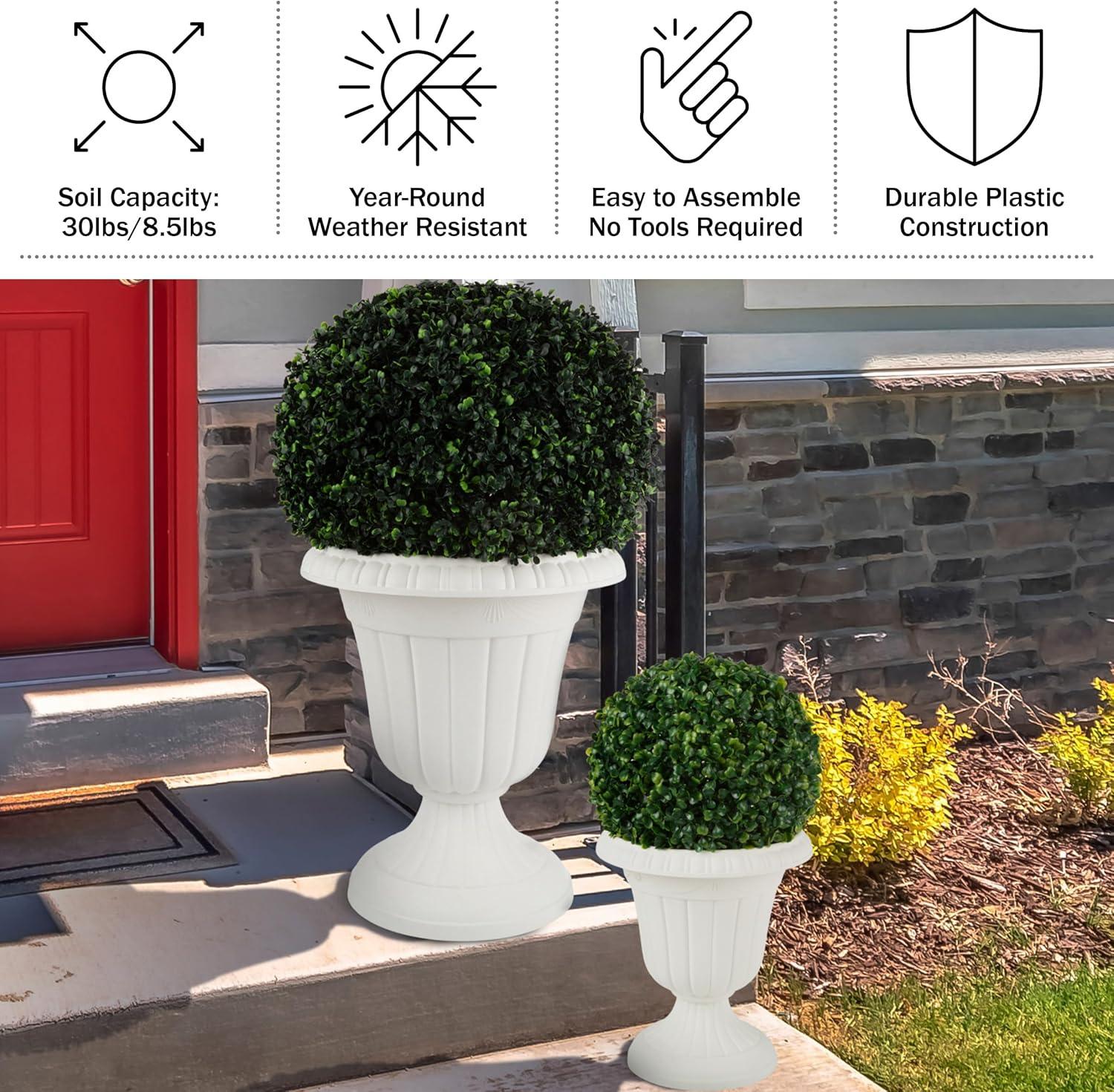 imagePure Garden Outdoor Planter 2Pack  Large and Small Urn Planters  Plastic Plant Pots for Indoor Outdoor or Front Porch Decor White
