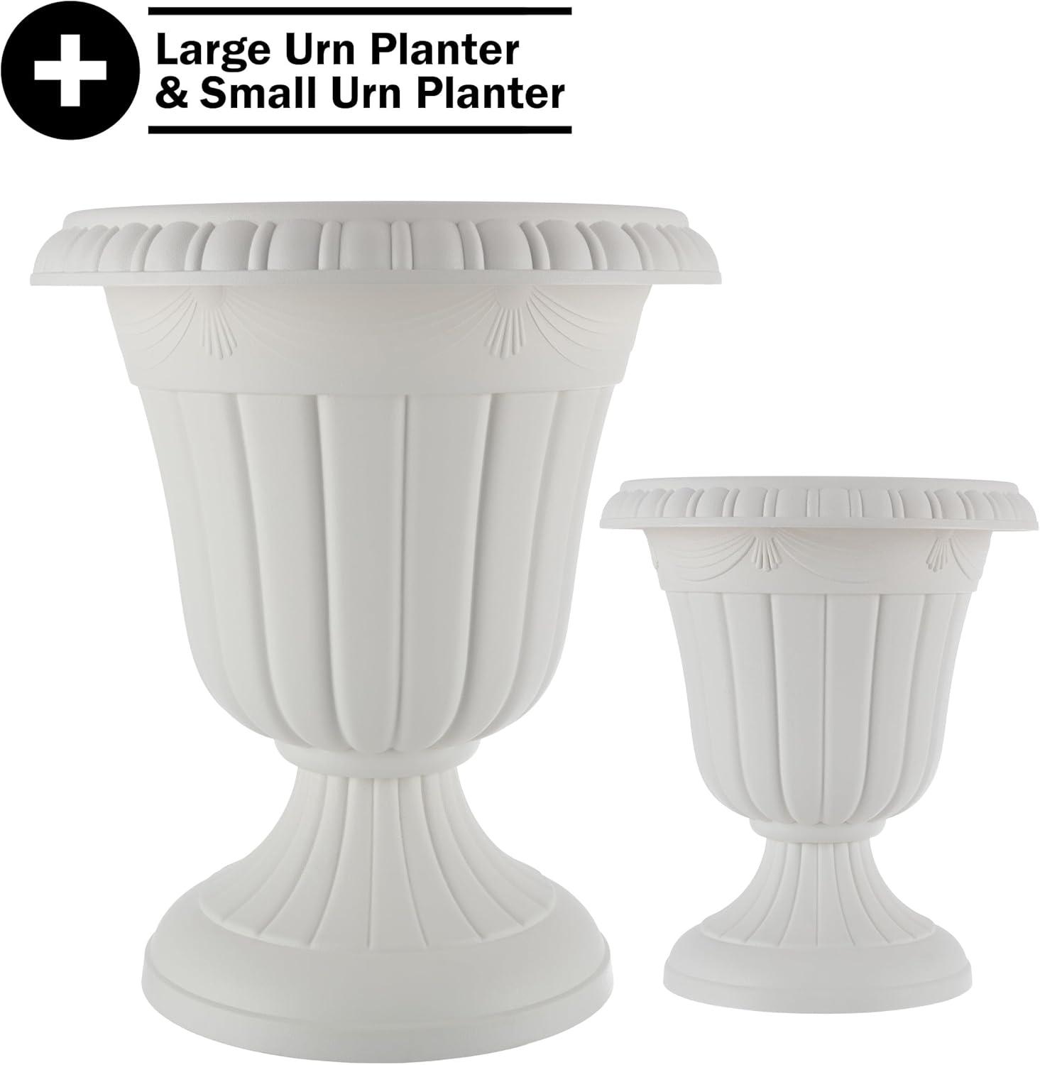 imagePure Garden Outdoor Planter 2Pack  Large and Small Urn Planters  Plastic Plant Pots for Indoor Outdoor or Front Porch Decor White