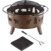 imagePure Garden 50LG1202 32 Outdoor Deep Fire PitRound Large Steel Bowl with Bear Cutouts Mesh Spark Screen Log Poker ampamp Storage CoverPatio Wood Burning Antique Gold