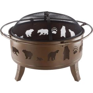 imagePure Garden 50LG1202 32 Outdoor Deep Fire PitRound Large Steel Bowl with Bear Cutouts Mesh Spark Screen Log Poker ampamp Storage CoverPatio Wood Burning Antique Gold
